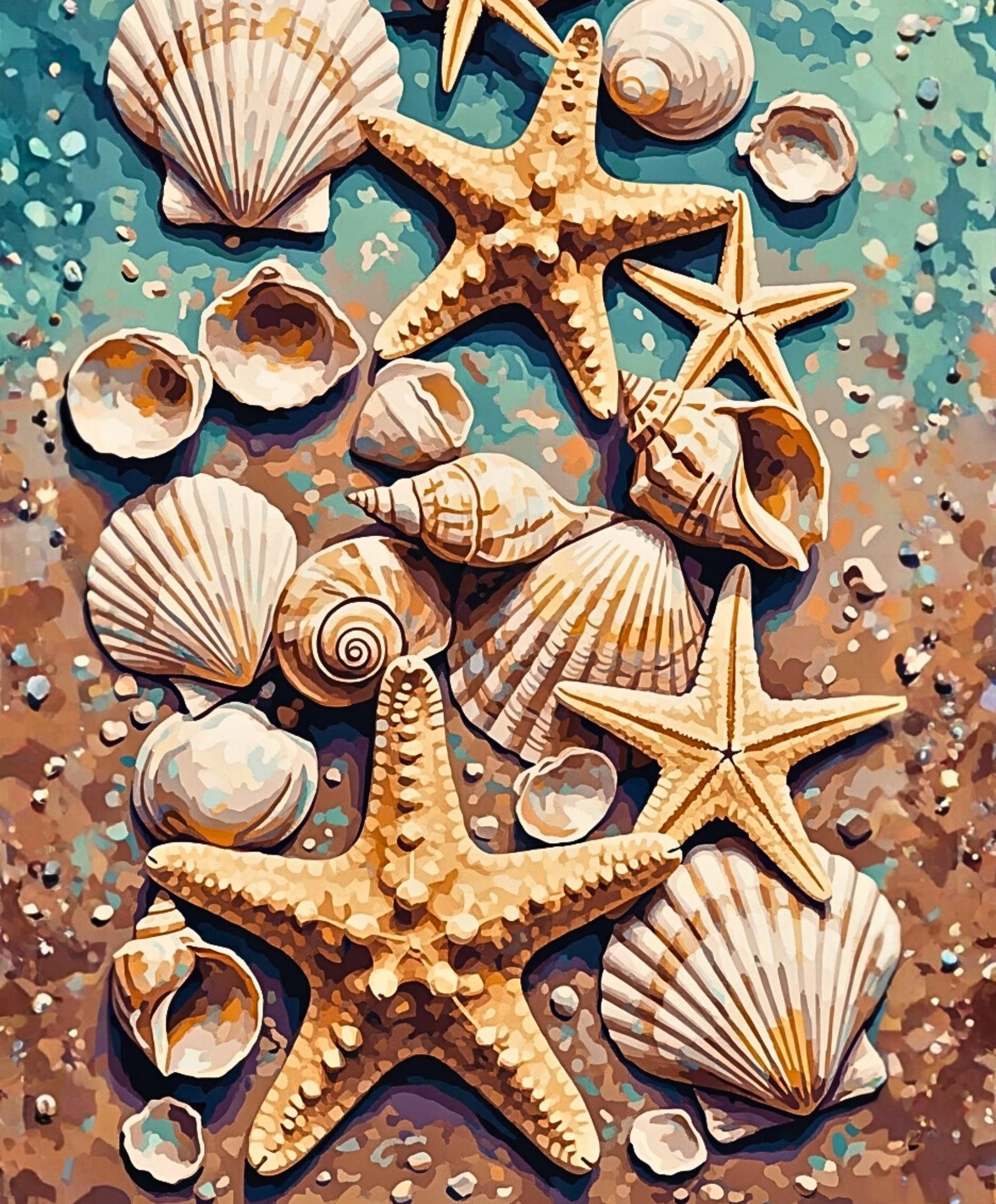 Muscheln und Seesterne auf einer strukturierten Oberfläche mit einem Hintergrund mit Farbverlauf