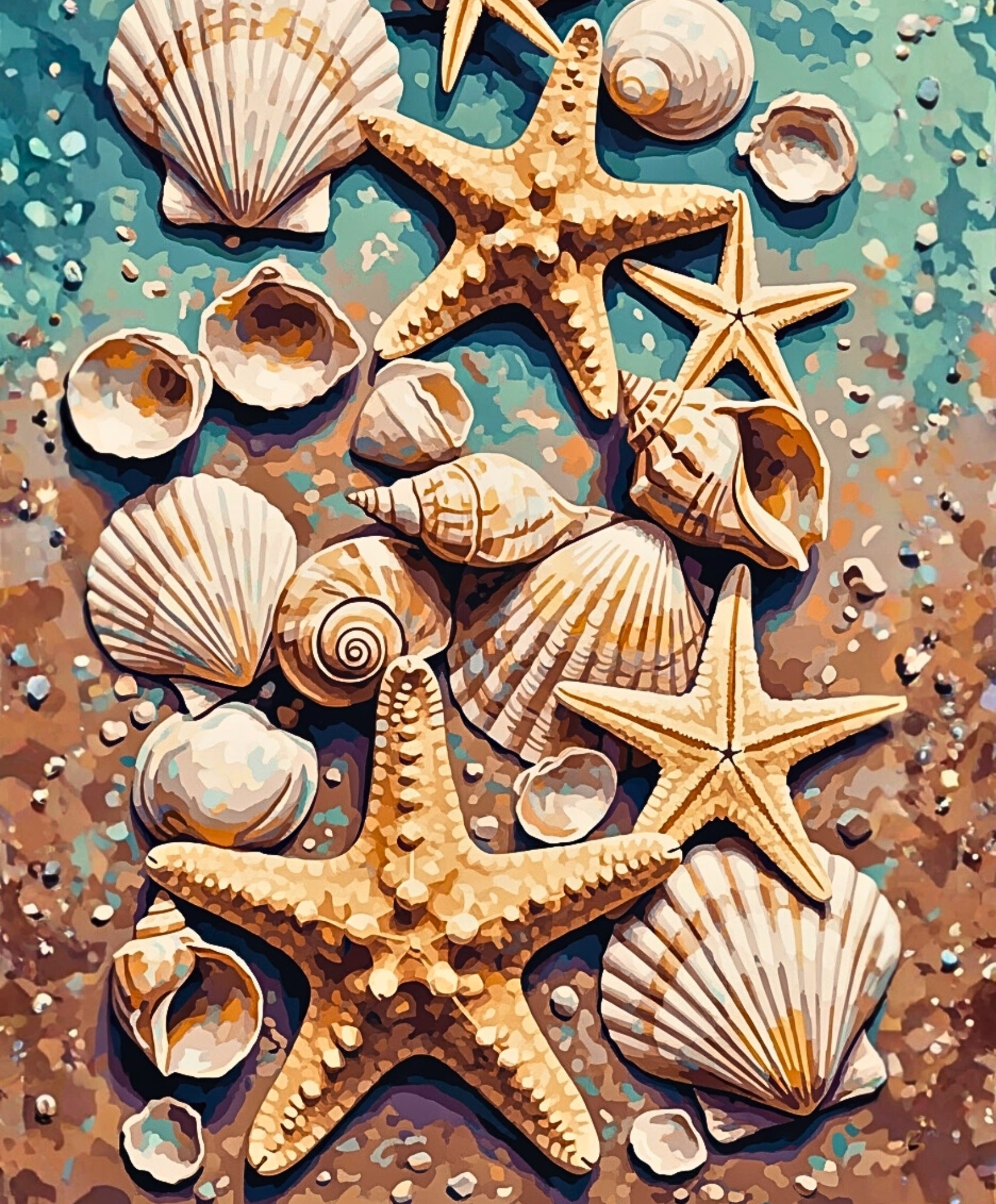 Seashells and starfish on a textured surface with a gradient background