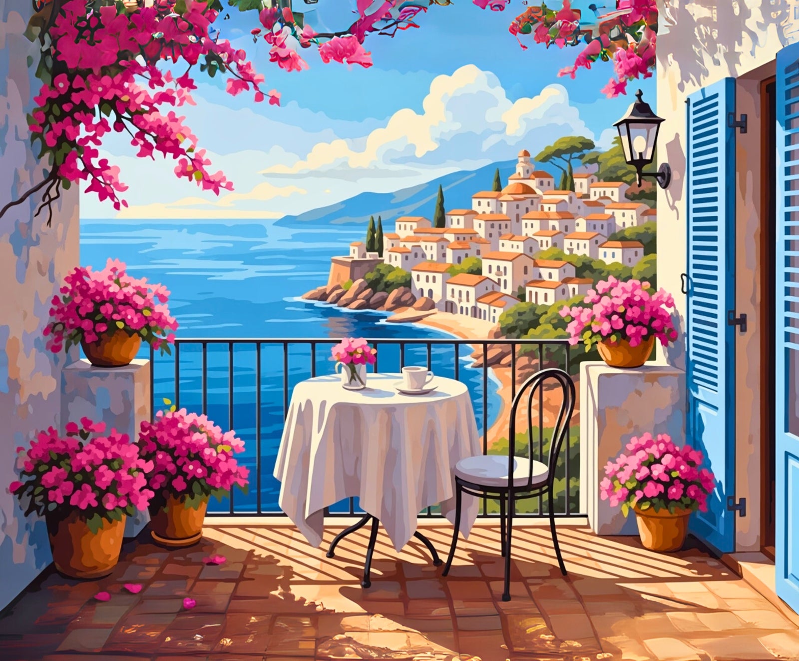 Coin salon extérieur confortable avec des fleurs roses et une vue panoramique sur une ville côtière.