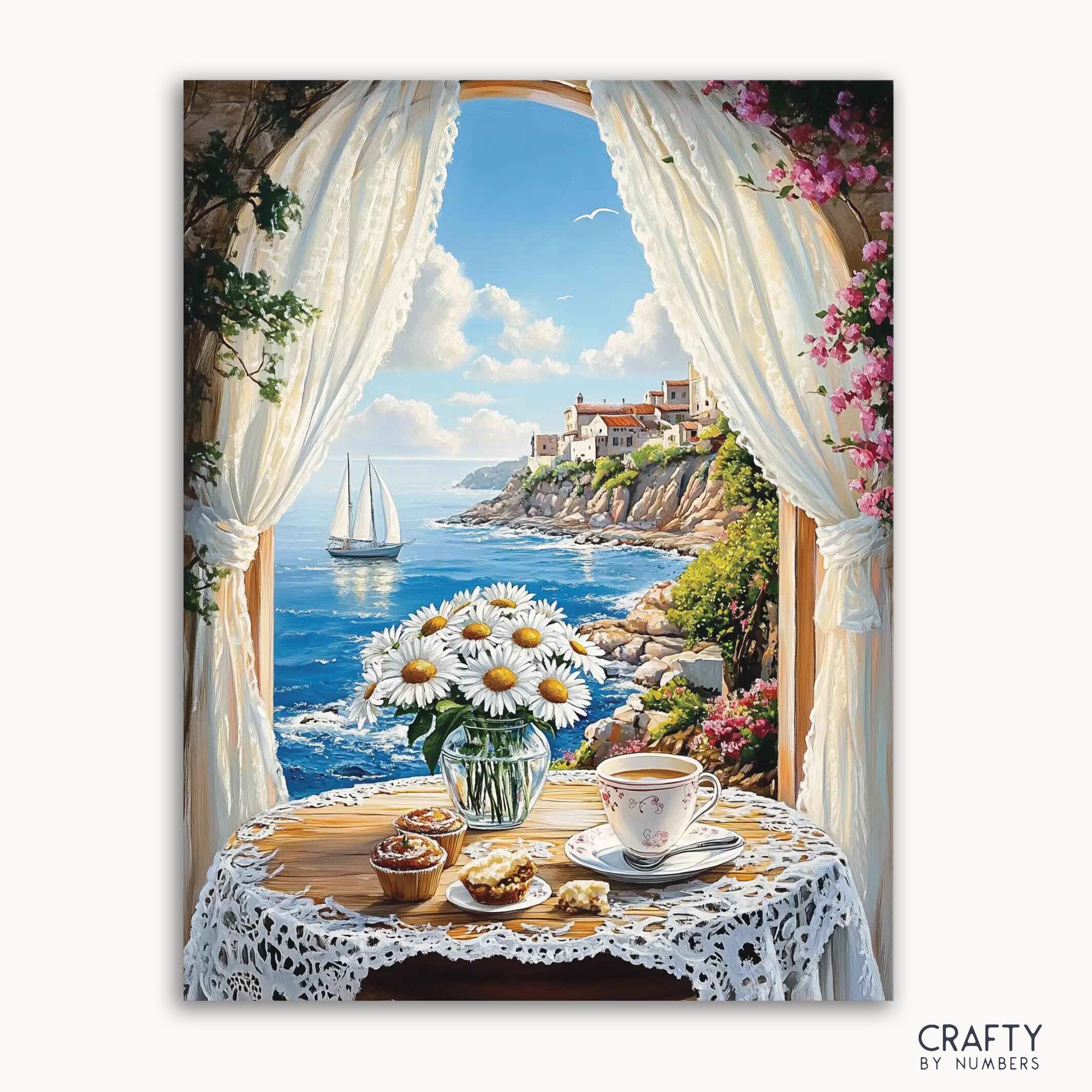 A paint-by-numbers kit depicting a serene scene with a table set with a white lace tablecloth, a vase of white daisies, and a window overlooking a beautiful coastal landscape with a sailboat and cliffs.