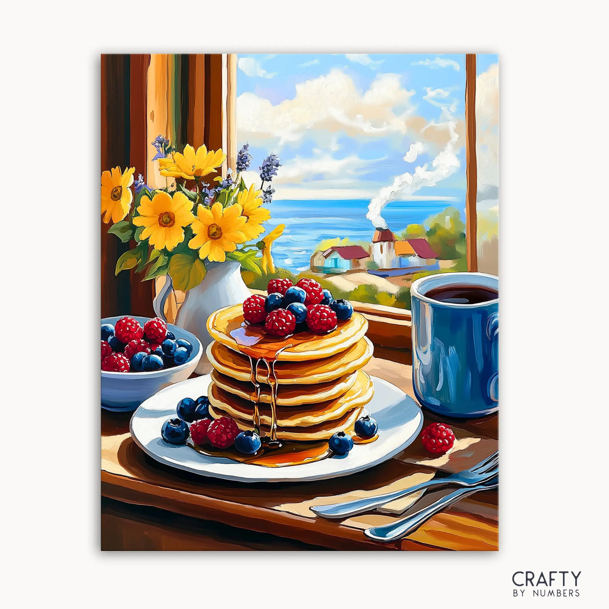 Un tableau représentant une pile de crêpes surmontées de baies, accompagnées d'une tasse de café et d'un vase de fleurs, avec vue sur l'océan à travers la fenêtre.