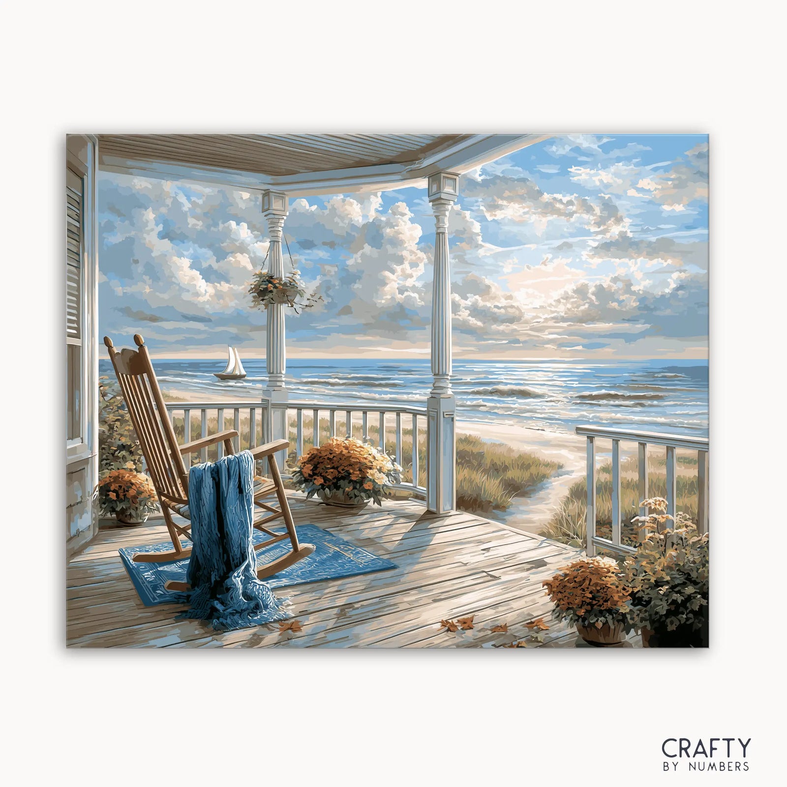 Imagen de un kit de pintura por números que muestra una tranquila escena de porche con una mecedora y vista al mar.