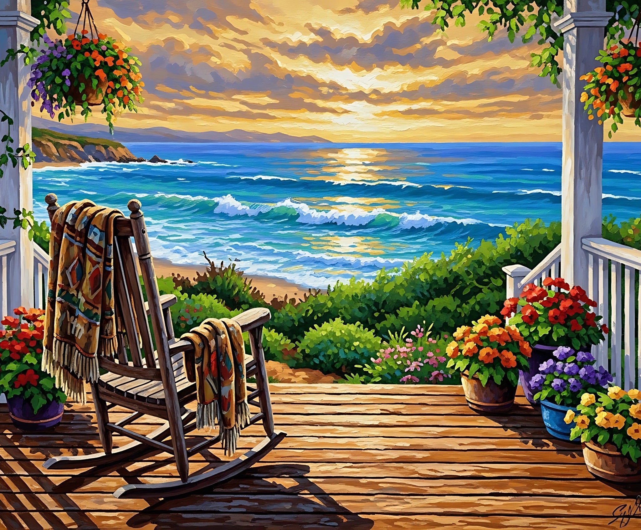 Painting of a coastal scene with a rocking chair, flowers, and a sunset.