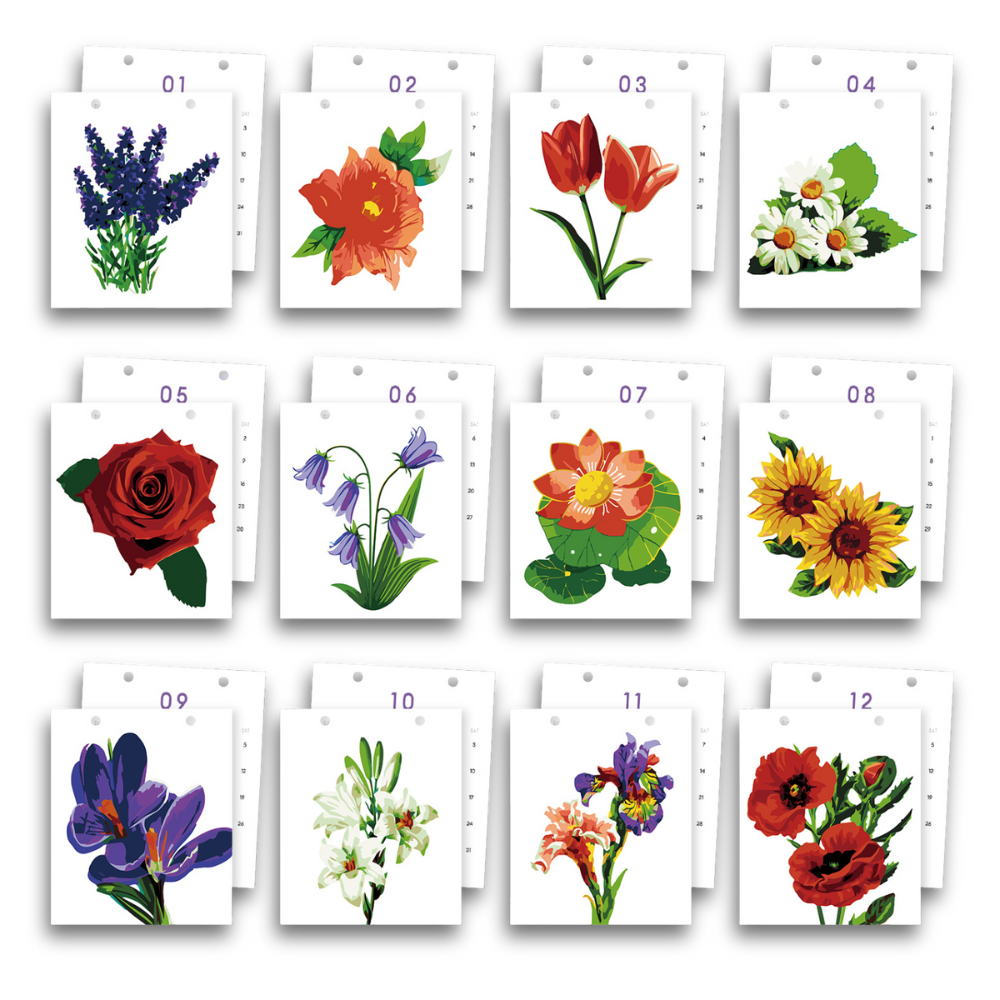 Set of 12 floral cards with numbers on a white background