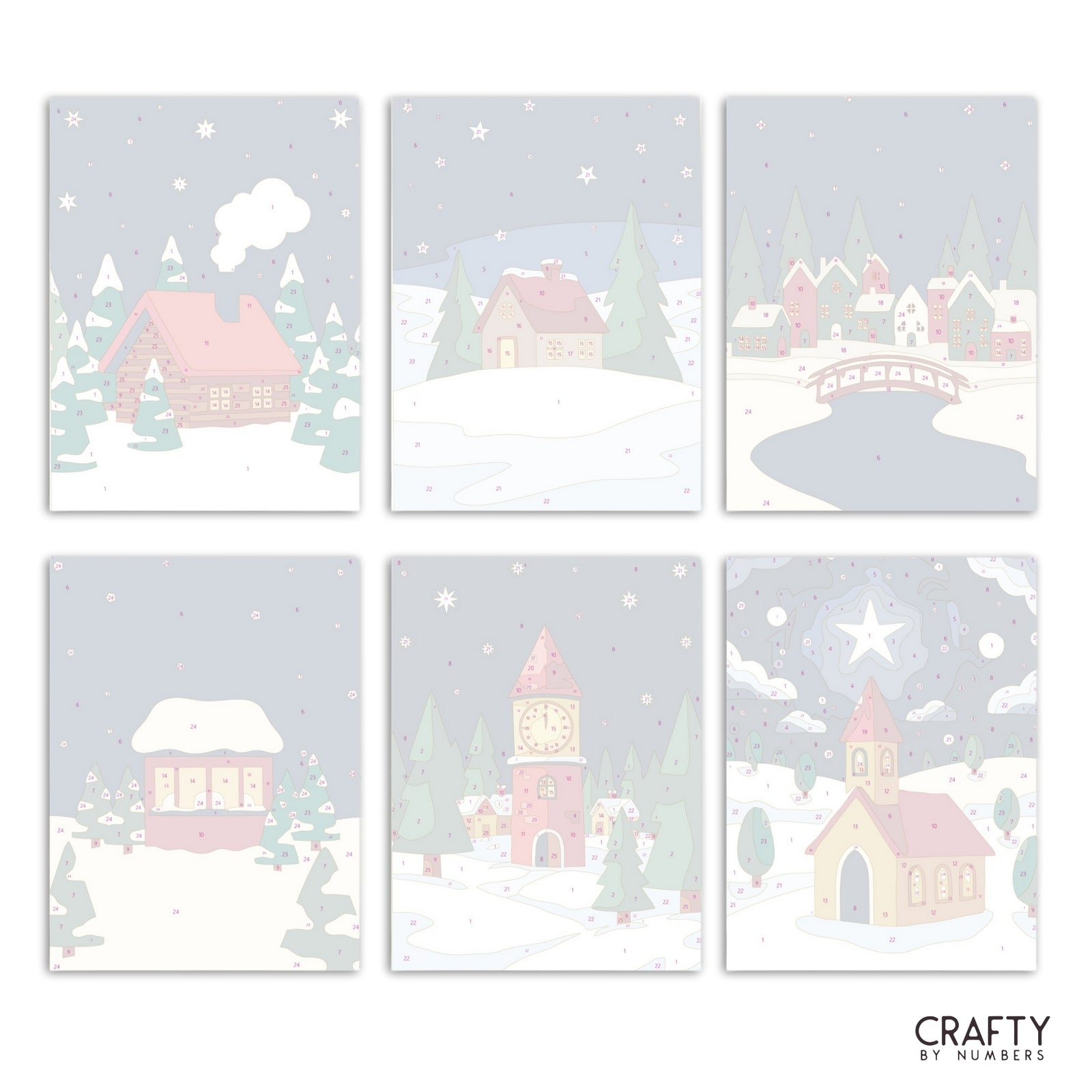 Winter Village – Set of 6 Mini Paint by Numbers paint by numbers artwork