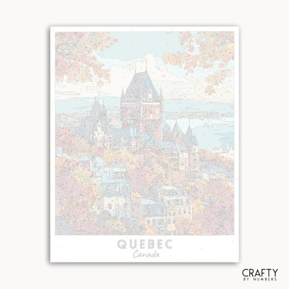 Framed artwork of a scenic view of Quebec, Canada with pastel colors.