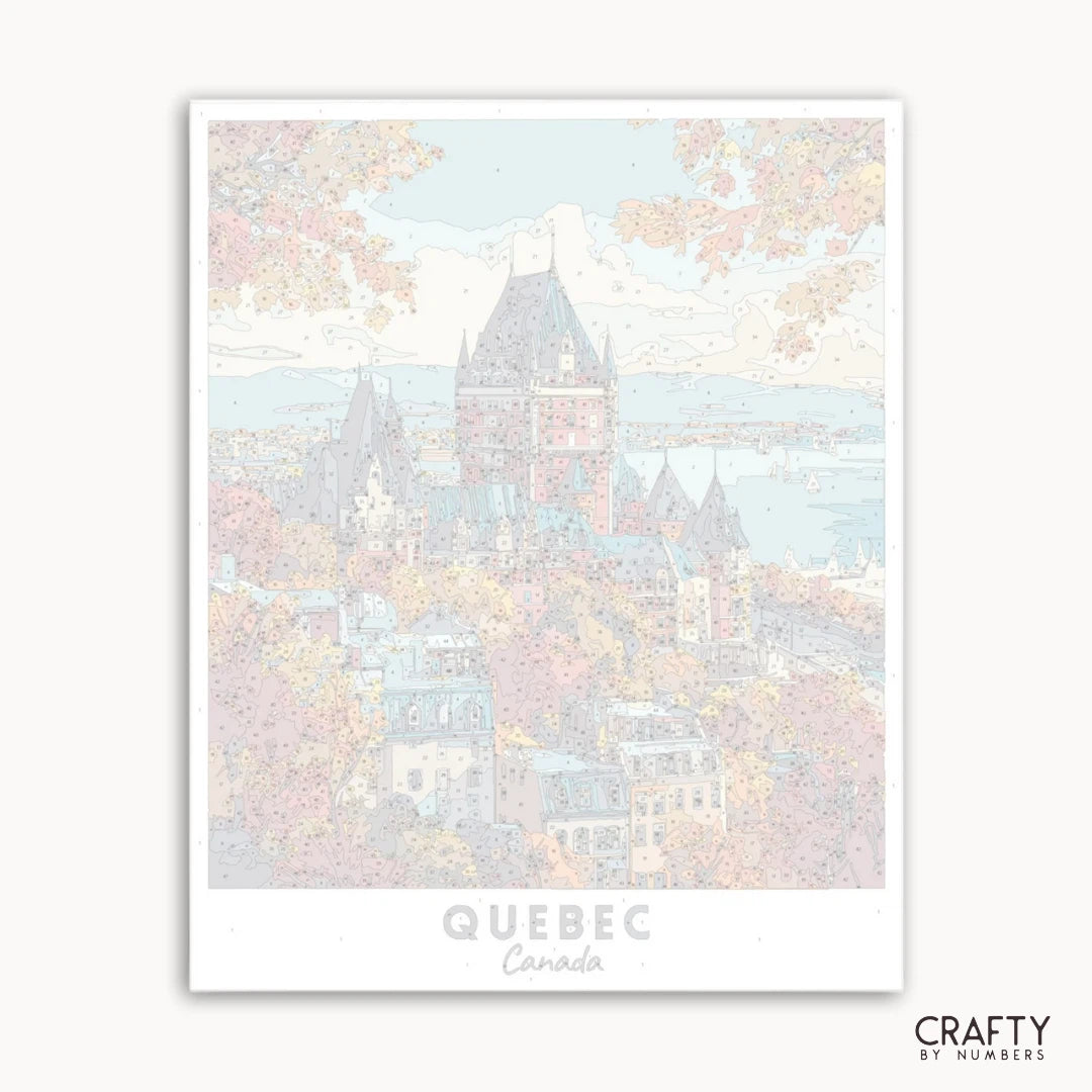 Oeuvre encadrée d'une vue panoramique du Québec, Canada avec des couleurs pastel.