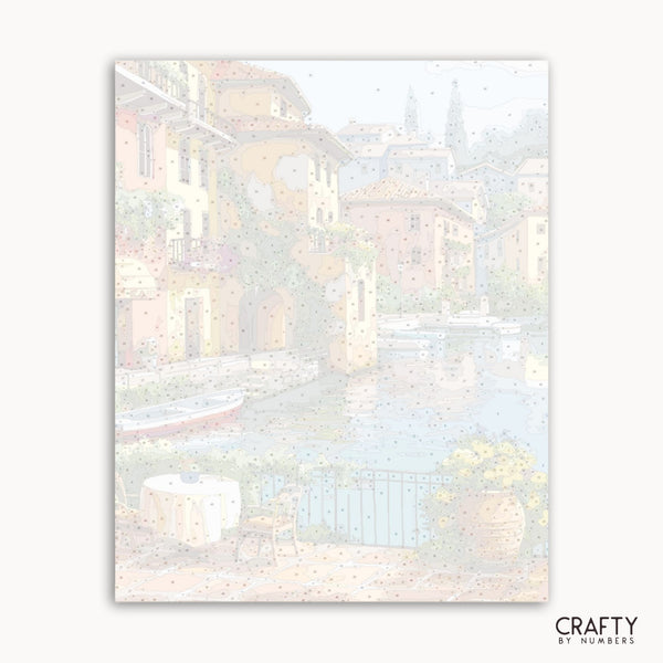 Framed artwork of a cityscape with boats on a canal, featuring the brand 'Crafty by Numbers'.