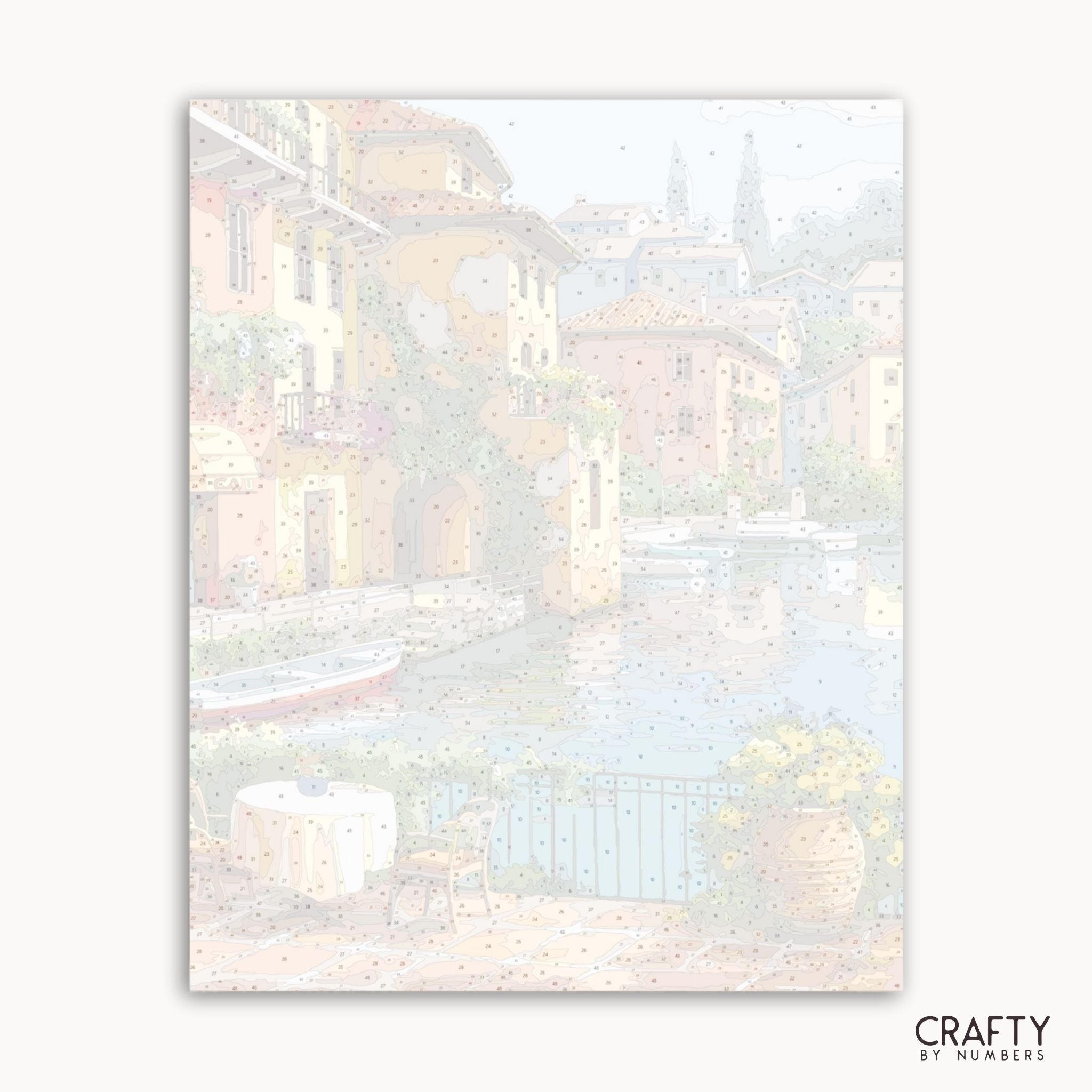 Framed artwork of a cityscape with boats on a canal, featuring the brand 'Crafty by Numbers'.