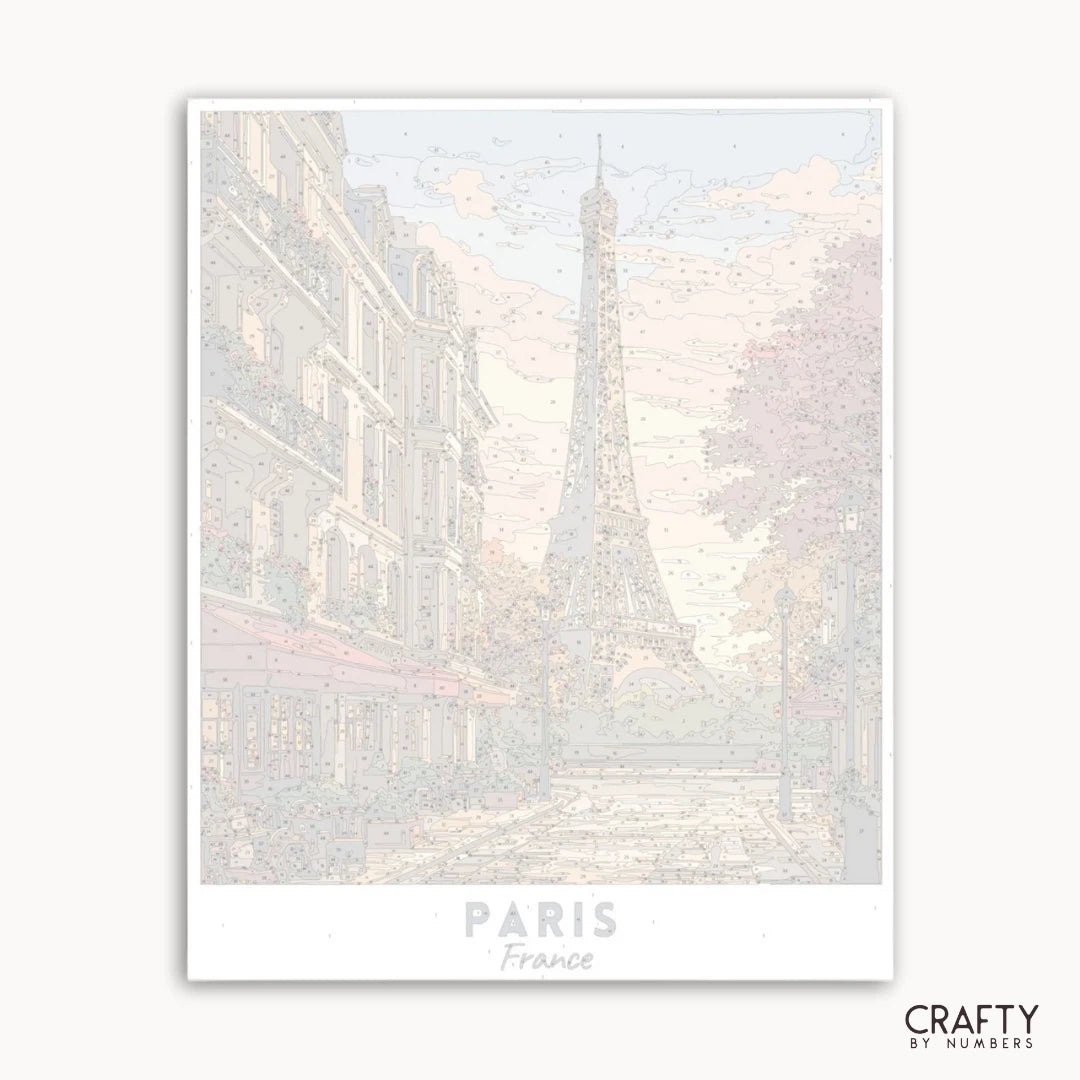 Framed artwork of the Eiffel Tower in Paris with a soft, pastel color palette.