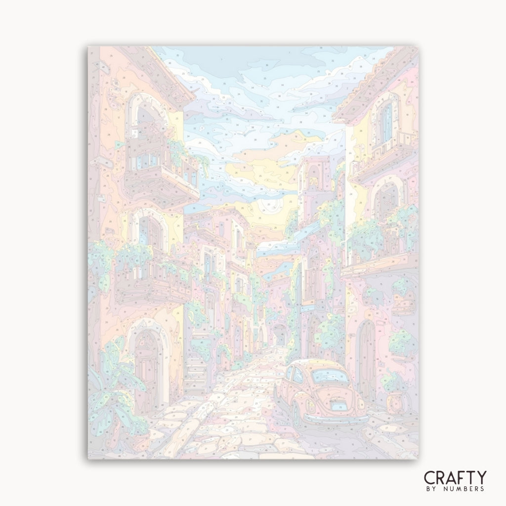Pastel-colored illustration of a city street with buildings and a car.
