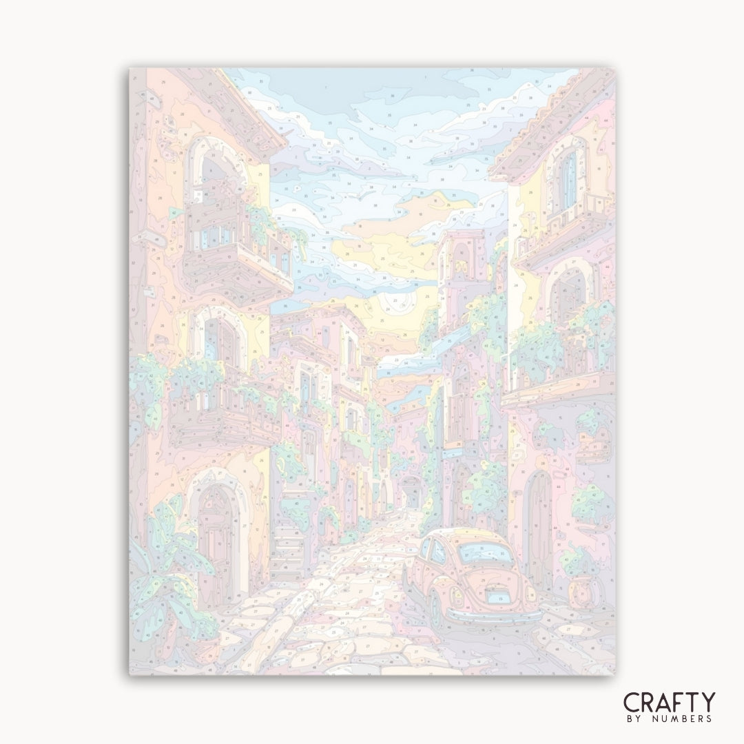 Pastellfarbene Illustration einer Stadtstraße mit Gebäuden und einem Auto.