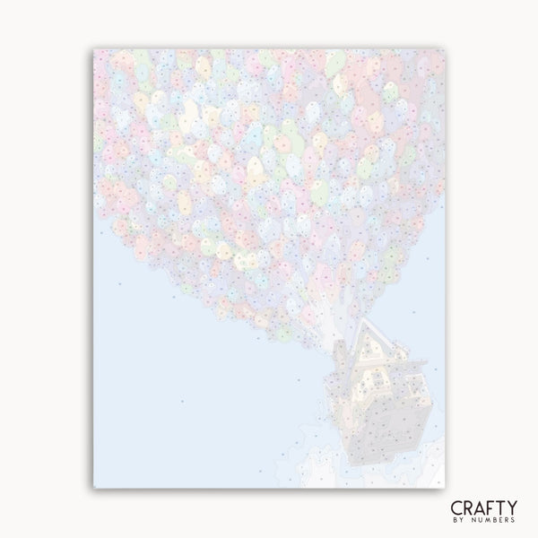 Iridescent balloon design on a light blue background with 'Crafty by Numbers' branding.