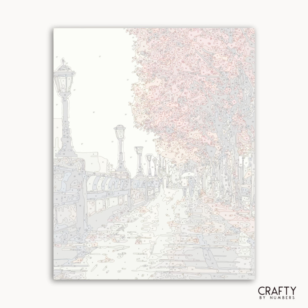 Cityscape illustration with street lamps on a white background, featuring 'Crafty by Numbers' branding.