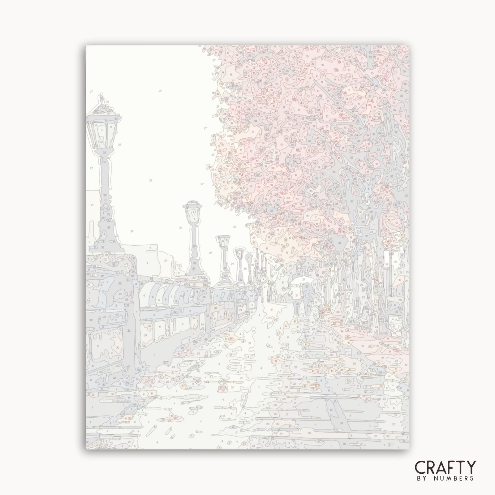 Ilustración de un paisaje urbano con farolas sobre un fondo blanco y con la marca 'Crafty by Numbers'.