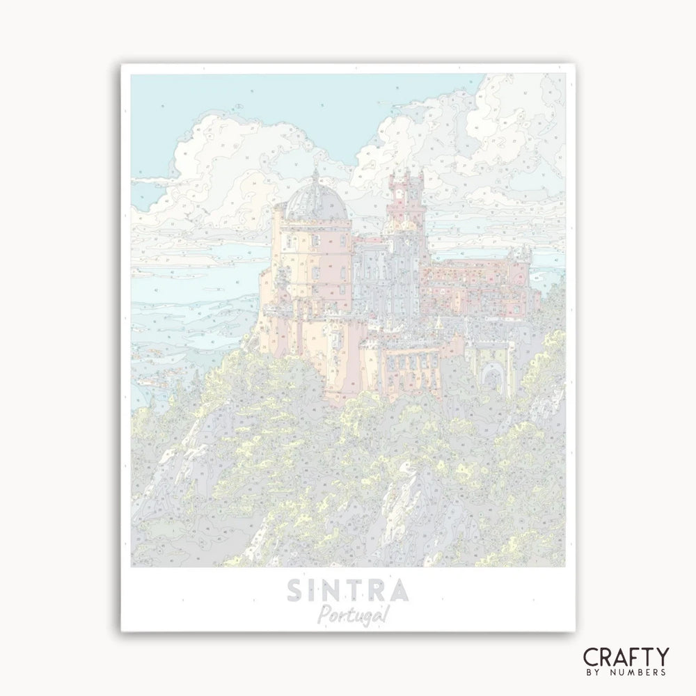 Framed artwork of a castle in Sintra, Portugal with a pastel color palette.