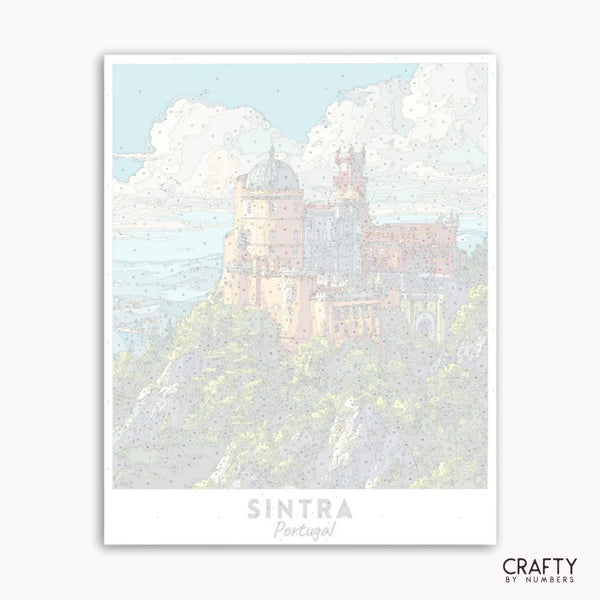 Framed artwork of a castle in Sintra, Portugal with a pastel color palette.