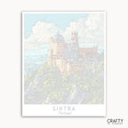 Framed artwork of a castle in Sintra, Portugal with a pastel color palette.