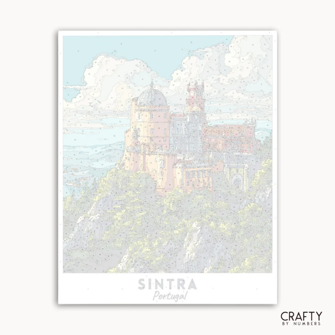Oeuvre encadrée d'un château à Sintra, au Portugal, avec une palette de couleurs pastel.