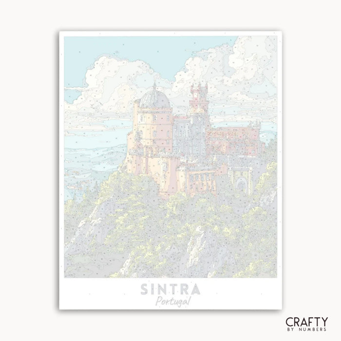 Framed artwork of a castle in Sintra, Portugal with a pastel color palette.