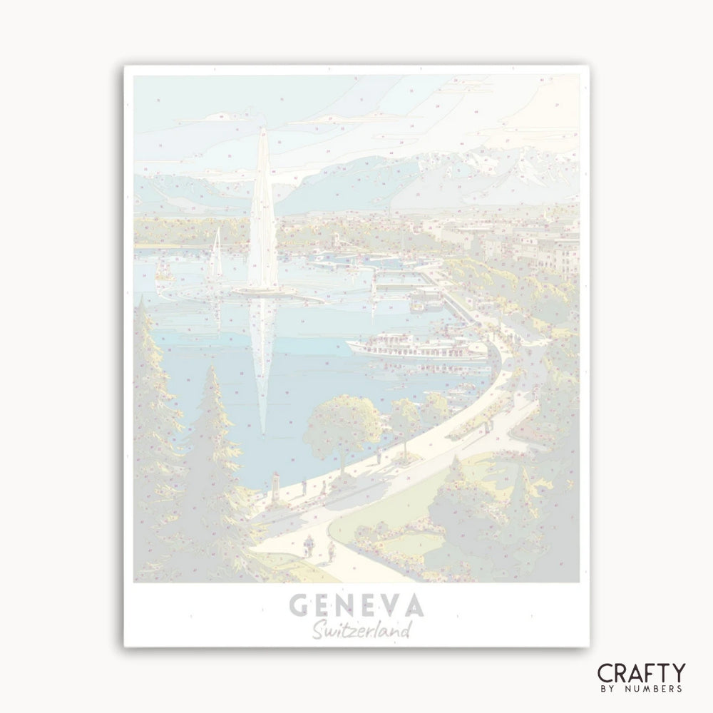 Poster of Geneva, Switzerland with a sailboat on a lake and mountains in the background.