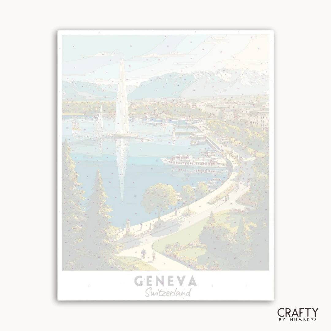 Póster de Ginebra, Suiza, con un velero en un lago y montañas al fondo.