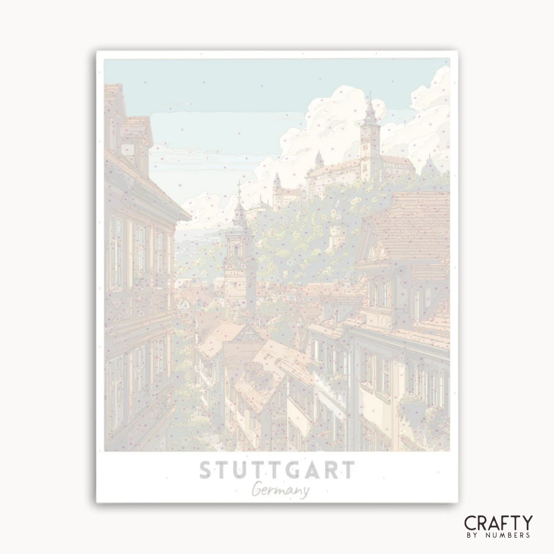 Framed artwork of a cityscape with 'Stuttgart, Germany' text and 'Crafty by Numbers' branding.