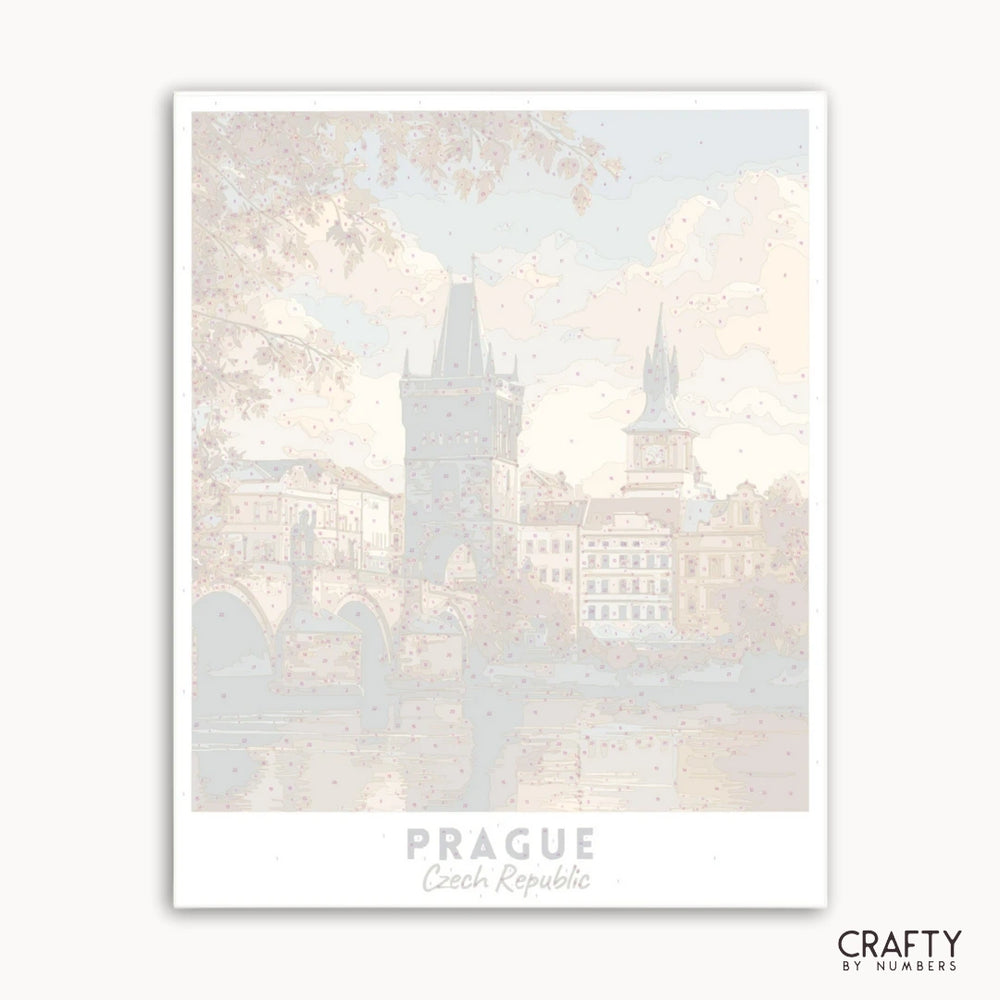 Framed artwork of a cityscape with 'Prague, Czech Republic' text and 'Crafty by Numbers' branding.