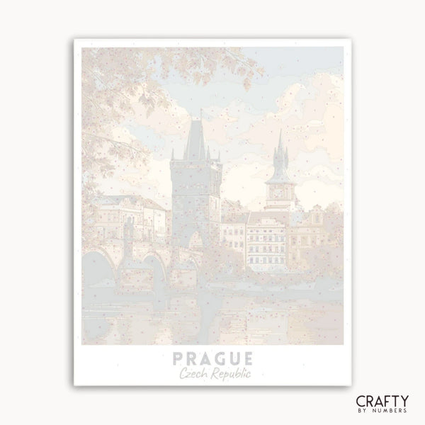 Framed artwork of a cityscape with 'Prague, Czech Republic' text and 'Crafty by Numbers' branding.