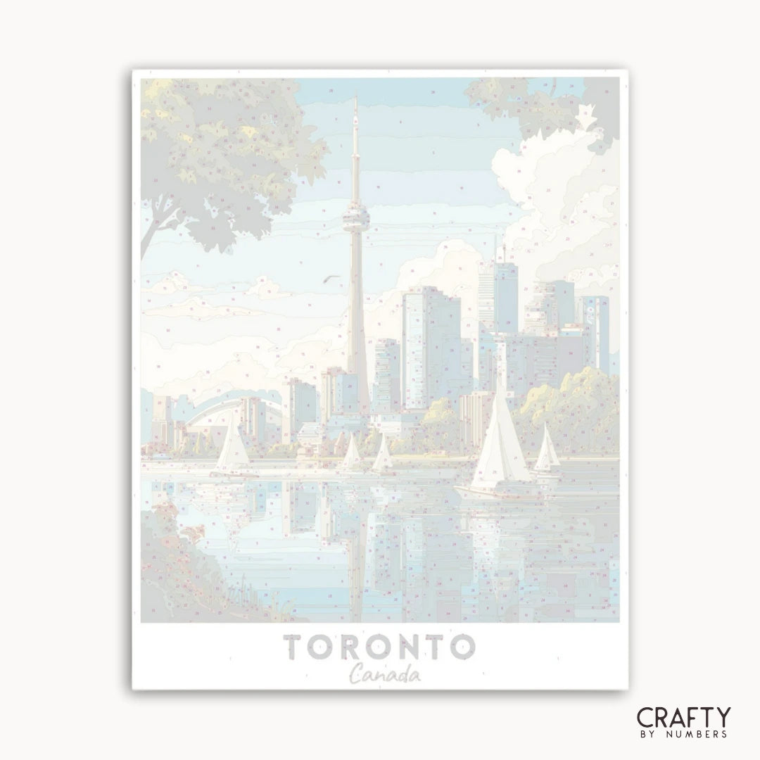 Framed artwork of Toronto skyline with CN Tower and lake scene.