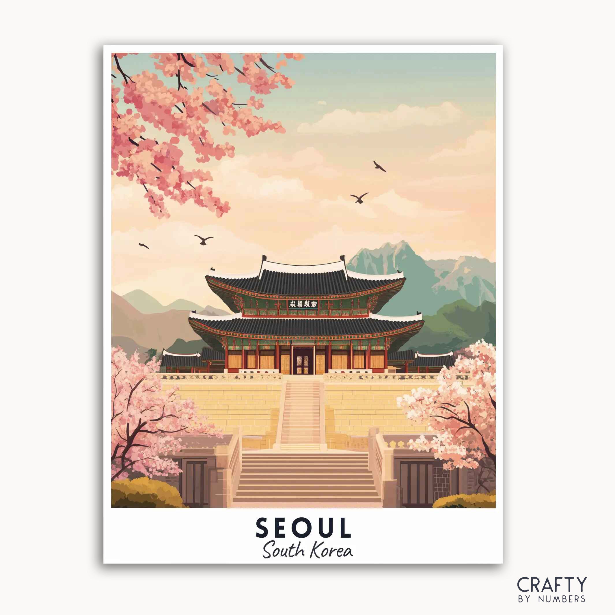 A travel poster depicting Gyeongbokgung Palace in Seoul, South Korea, with cherry blossoms and mountains in the background.