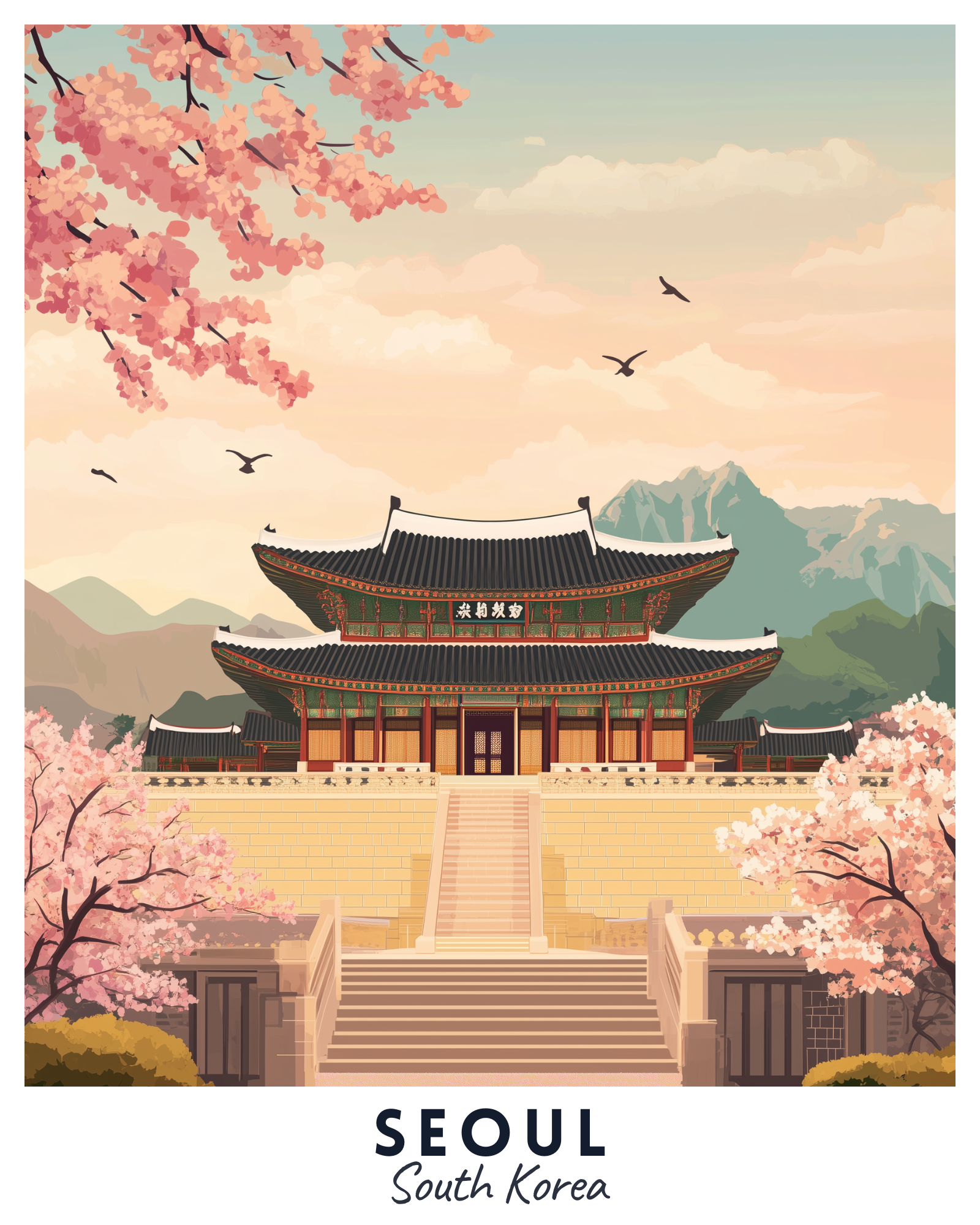 A framed travel poster depicting Gyeongbokgung Palace in Seoul, South Korea, with cherry blossoms and mountains in the background.