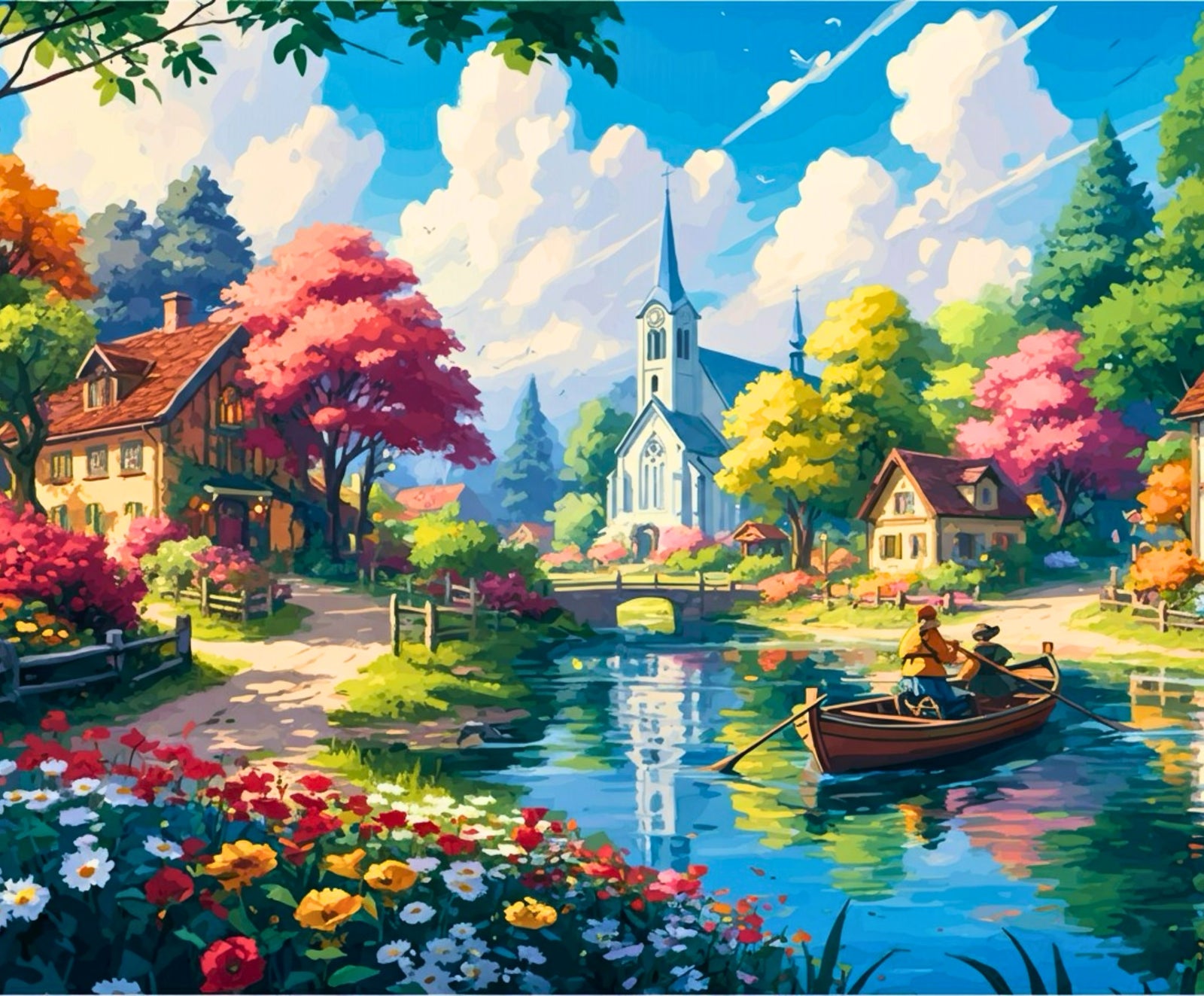 Escena colorida de un pueblo con una iglesia, casas y un barco en un lago.