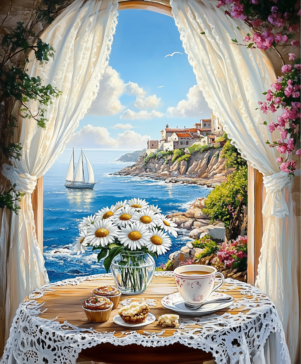 A paint-by-numbers kit depicting a serene coastal scene with a village, a sailing boat, and a window with curtains leading to a interior setting with a cup of tea and daisies.