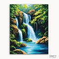 A paint-by-numbers kit image featuring a cascading waterfall with lush greenery and blue waters.