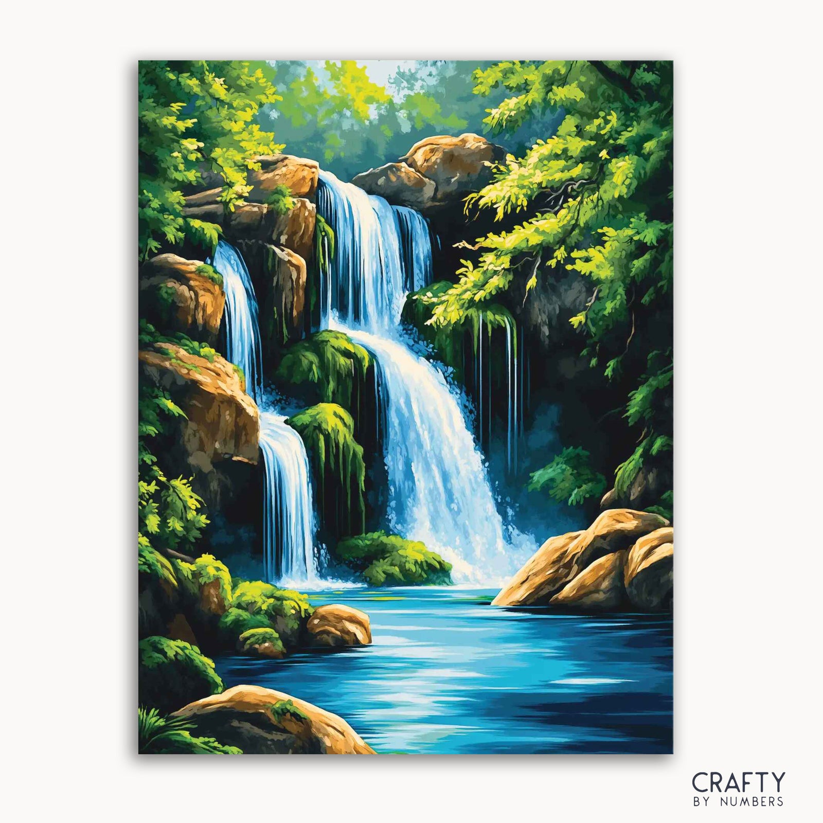 Une image de kit de peinture par numéros représentant une cascade en cascade avec une verdure luxuriante et des eaux bleues.