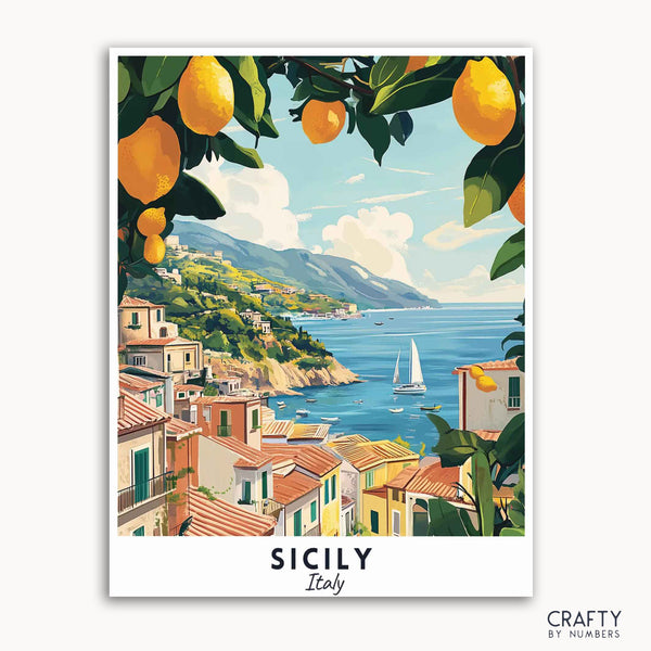 A travel poster featuring a vibrant scene with coastal villages, sailboats on the sea, and lemon trees in Sicily, Italy. perfect home decore.