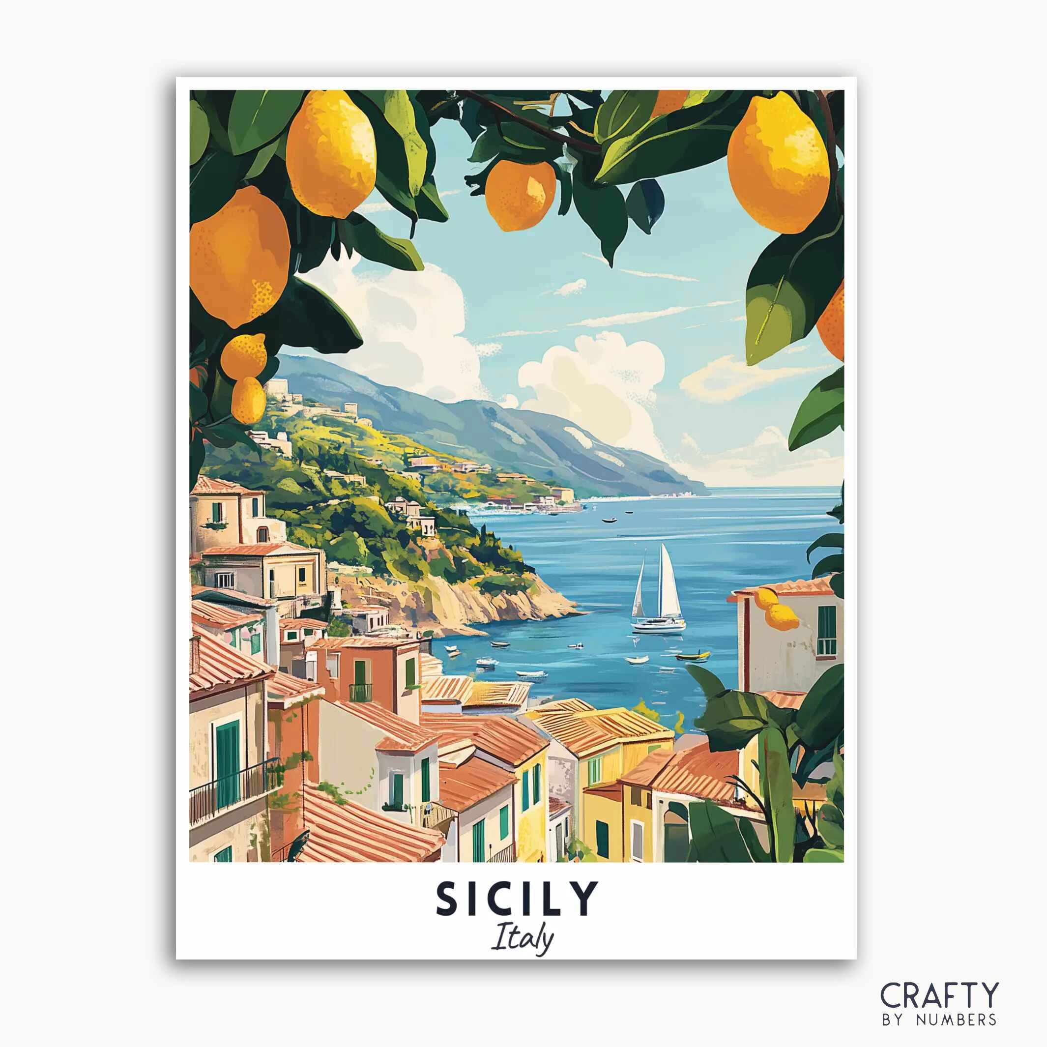 A travel poster featuring a vibrant scene with coastal villages, sailboats on the sea, and lemon trees in Sicily, Italy. perfect home decore.