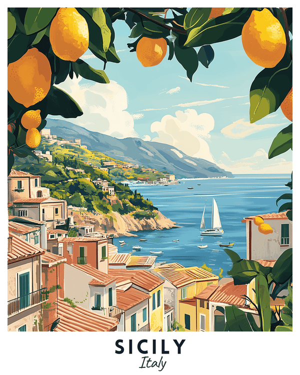 A travel poster featuring a vibrant scene with coastal villages, sailboats on the sea, and lemon trees in Sicily, Italy.