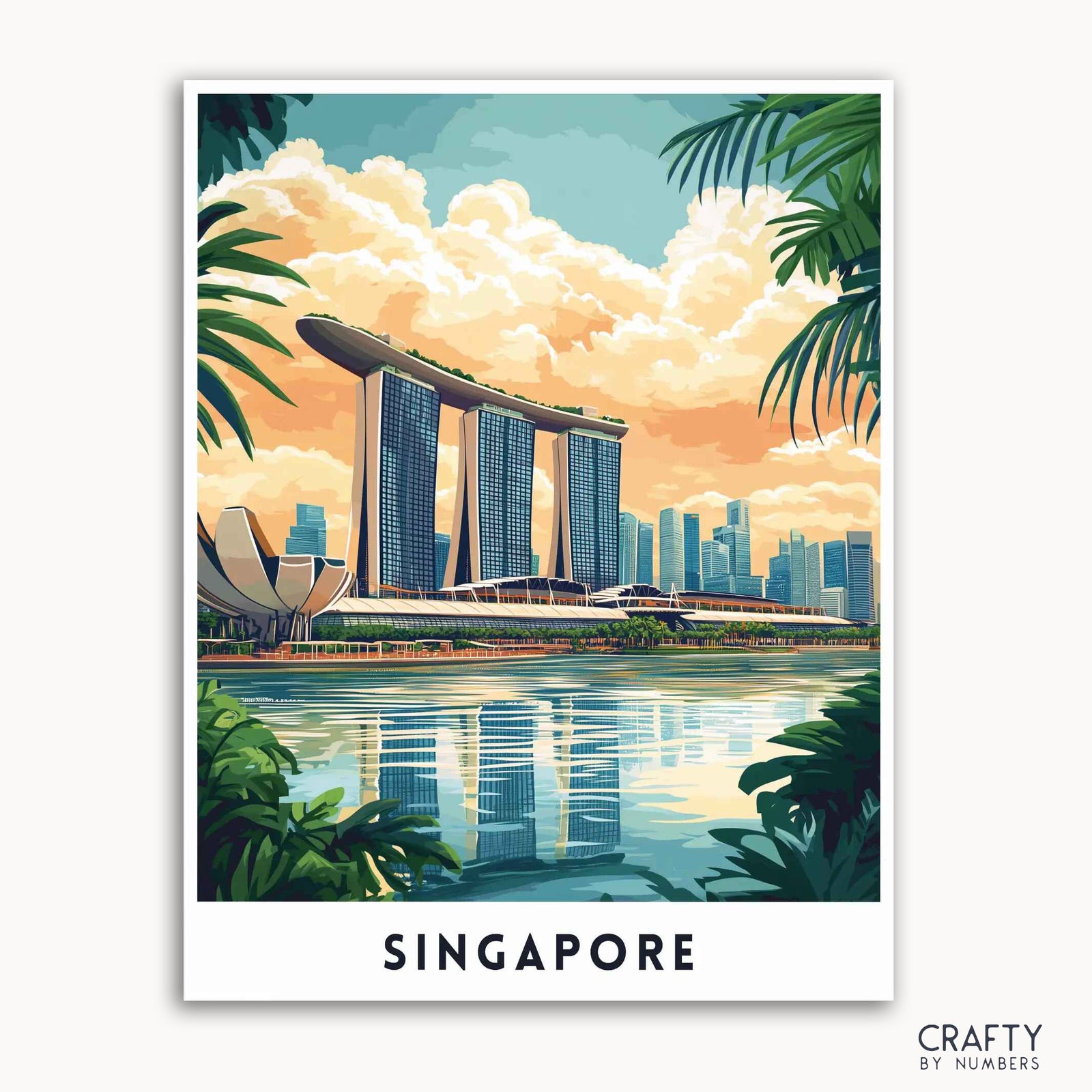 Ein Reiseposter, das die Marina Bay Sands in Singapur mit einem lebhaften Himmel und tropischer Vegetation zeigt.