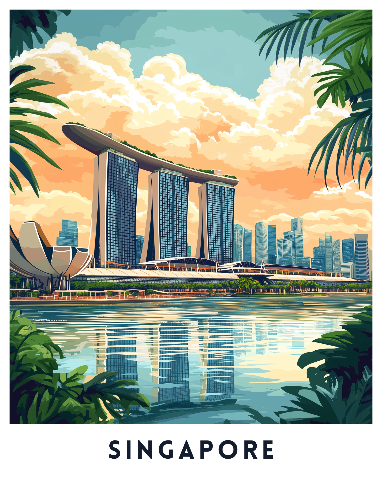 A paint by numbers kit depicting a travel poster of Singapore, featuring the Marina Bay Sands and the city skyline.