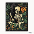 A paint by numbers kit depicting a relaxed skeleton holding a cup, seated amidst autumn leaves and foliage.