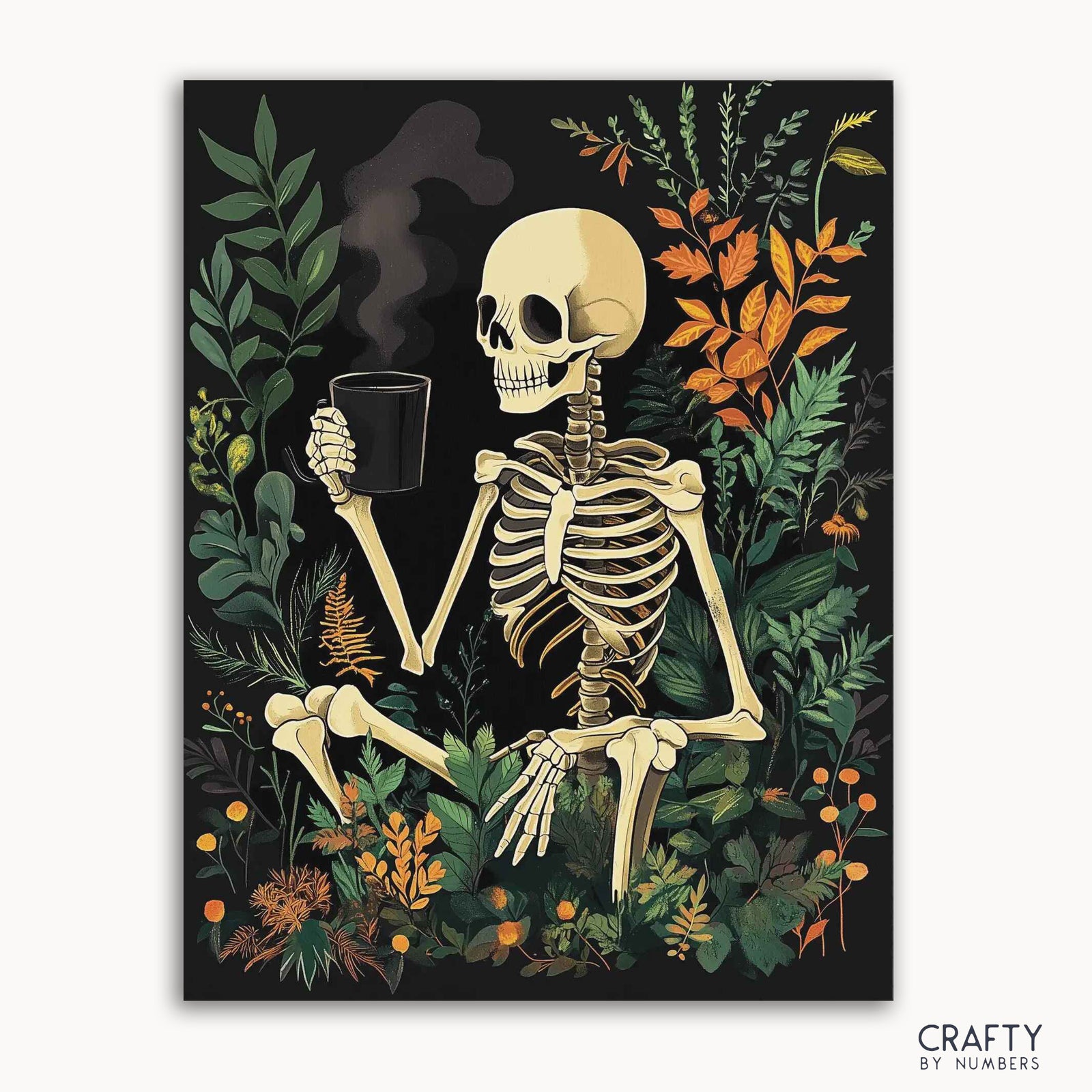 Un kit de pintura por números que representa un esqueleto relajado sosteniendo una taza, sentado entre hojas y follaje otoñal.