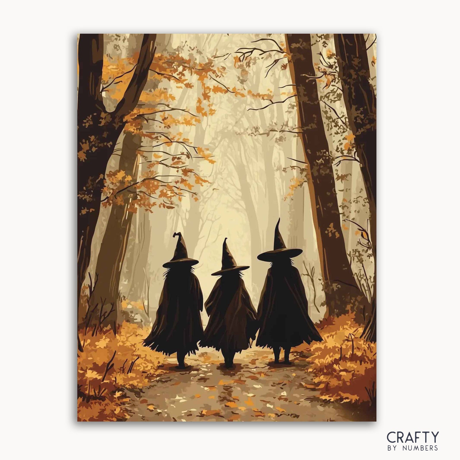 A paint by numbers kit depicting three silhouetted figures, witches, walking in an autumn forest with yellow leaves on the ground and a misty atmosphere.