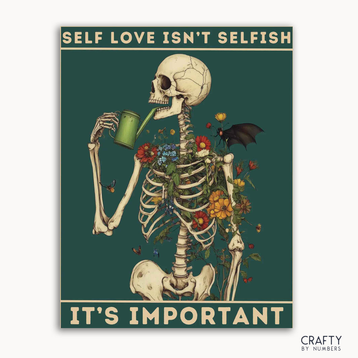 A paint-by-numbers kit depicting a skeleton with flowers and the text 'Self Love Isn't Selfish, IT'S IMPORTANT' surrounded by nature elements like butterflies and leaves.
