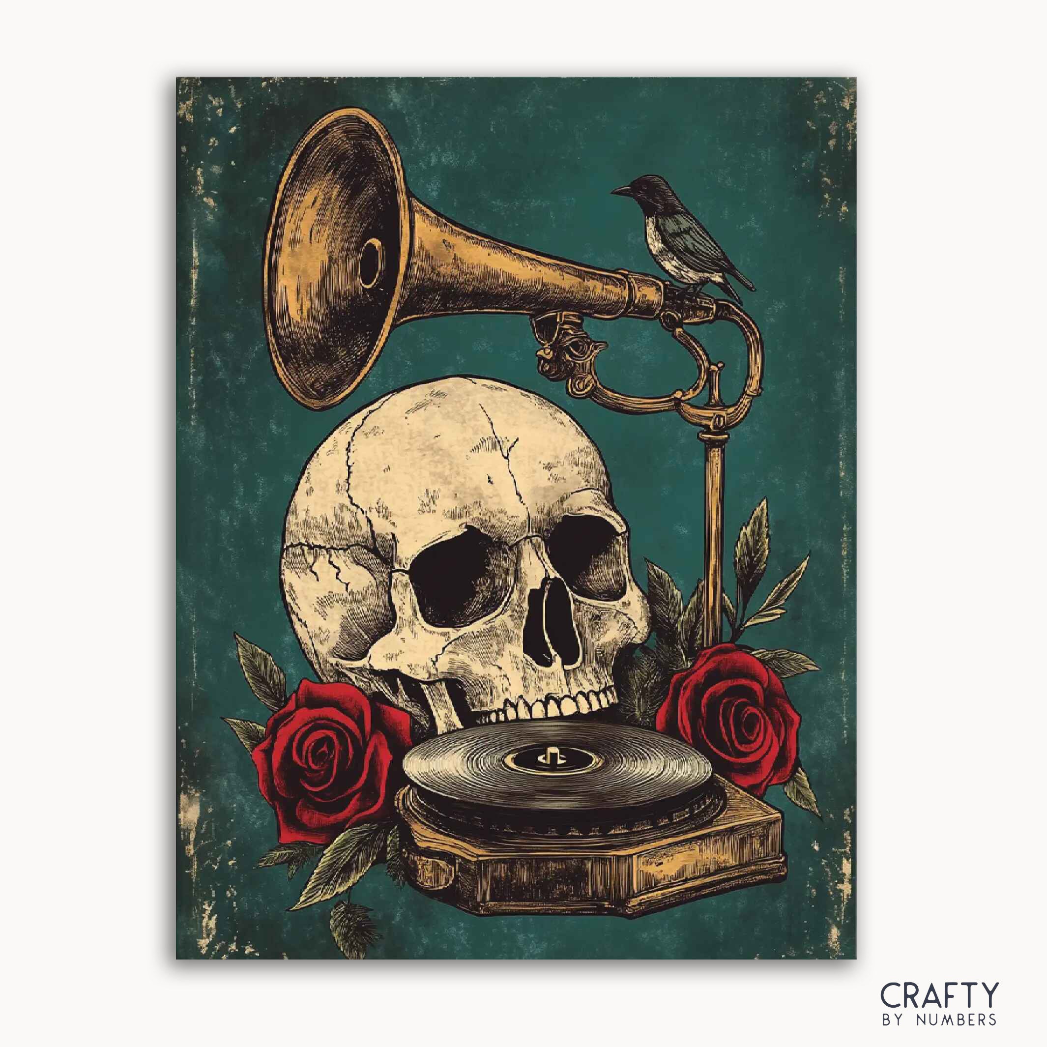 A paint by numbers kit with a vintage design featuring a skull, gramophone, red roses, and a bird.