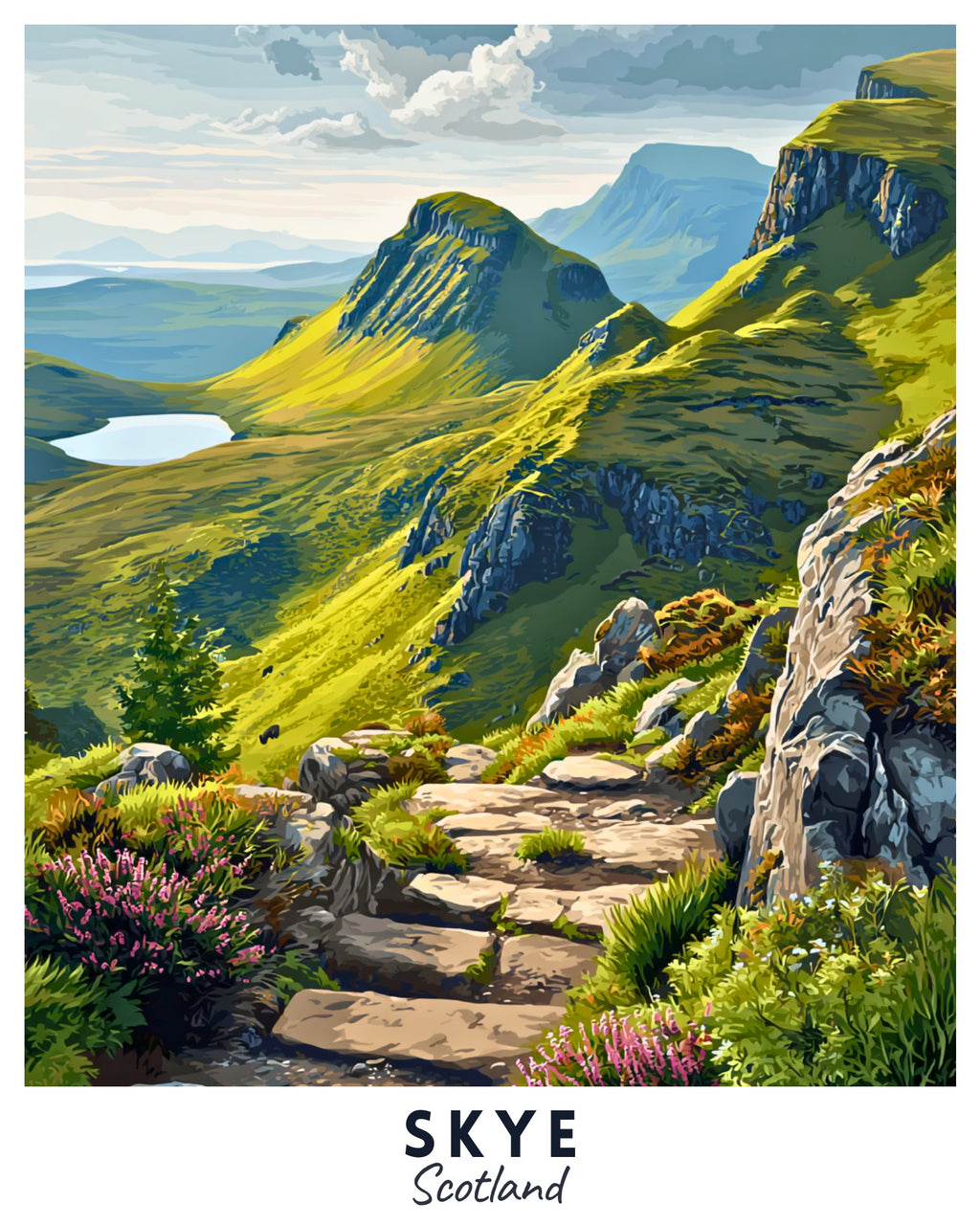Scenic view of a mountainous landscape with a path leading towards a lake, labeled 'Skye, Scotland'.