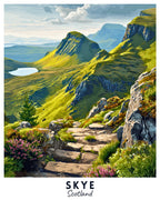 Scenic view of a mountainous landscape with a path leading towards a lake, labeled 'Skye, Scotland'.