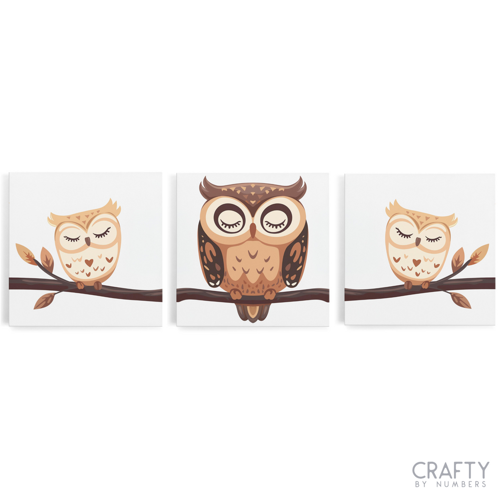 A set of three canvas paint by numbers kits with cartoon-style owls perched on branches.