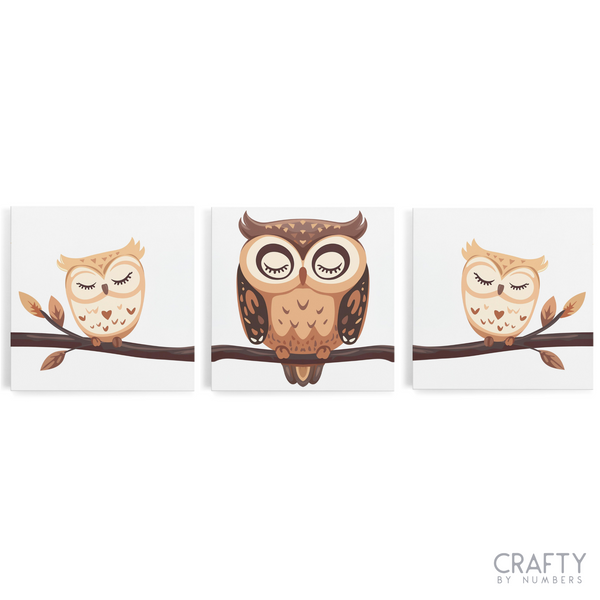 A set of three canvas paint by numbers kits with cartoon-style owls perched on branches.
